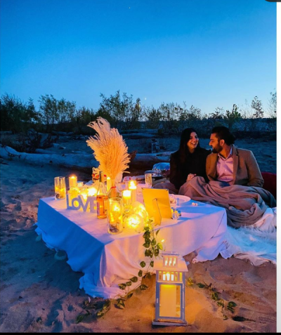 Beachside table setup for two people.